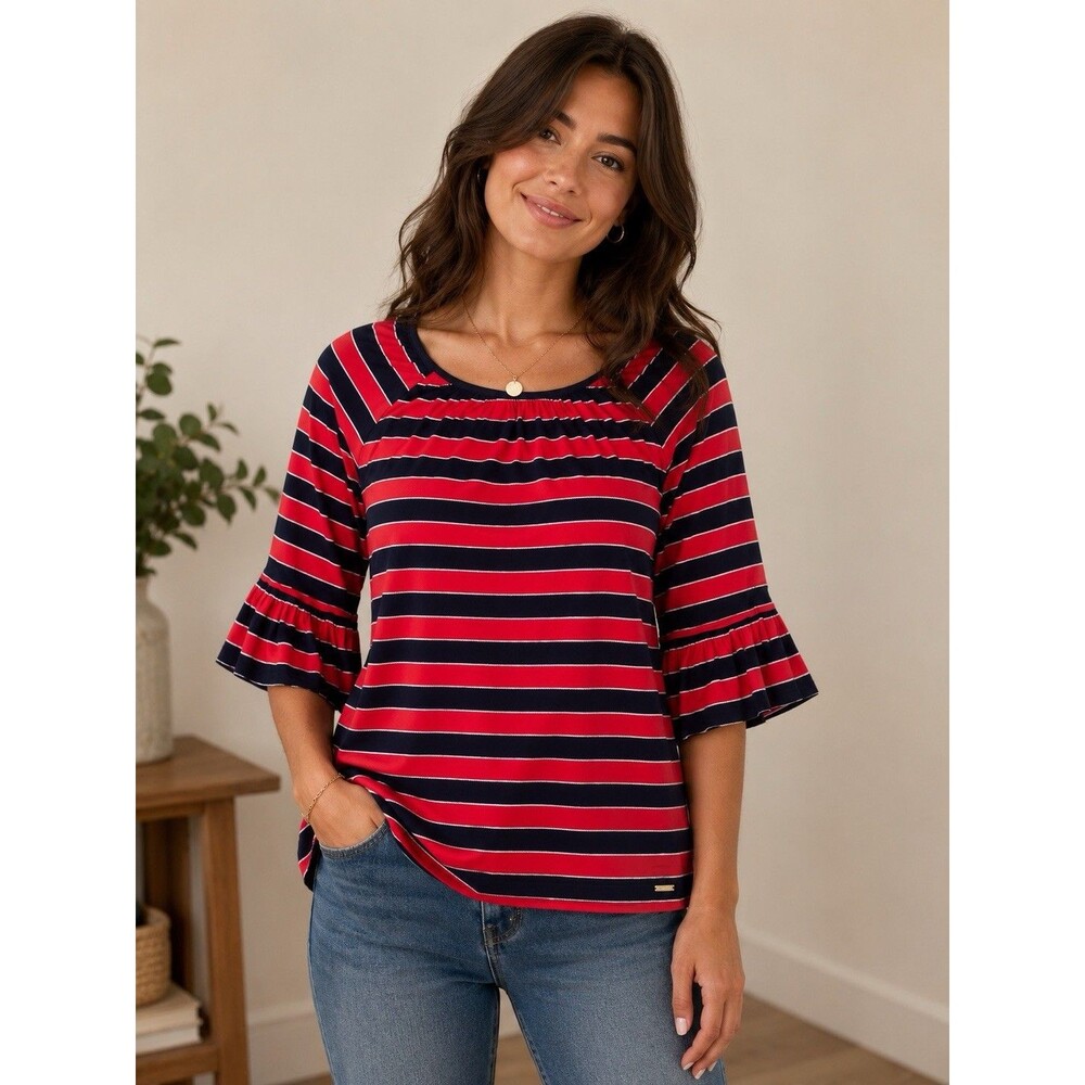 Michael Kors Striped Bell Sleeve Shirt Womens Large Boho Casual Stretch Blouse